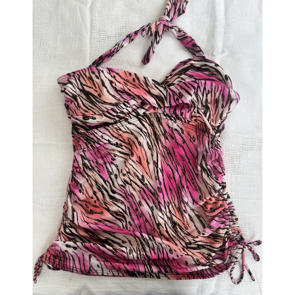 Ashley Stewart Women's 16 Tankini Animal Print Swim Top Ruched Sides Padded Pink